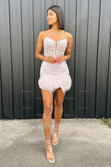 Misshow Light Blue Corset Lace Tight Short Homecoming Dress/Mini Dress with Feathers