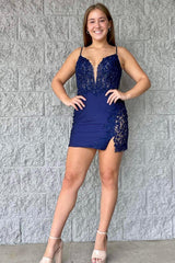 Misshow Light Blue Corset Spaghetti Straps Tight Short Homecoming Dress/Mini Dress with Slit
