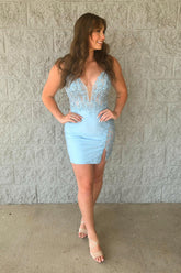 Misshow Light Blue Corset Spaghetti Straps Tight Short Homecoming Dress/Mini Dress with Slit
