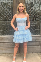 Misshow Light Blue Corset Strapless A-Line Tiered Short Homecoming Dress/Mini Dress