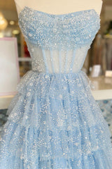Misshow Light Blue Corset Strapless A-Line Tiered Short Homecoming Dress/Mini Dress