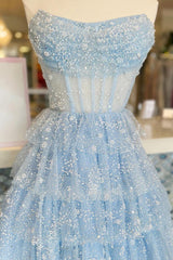 Misshow Light Blue Corset Strapless A-Line Tiered Short Homecoming Dress/Mini Dress