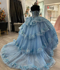 Misshow Light Blue Off-Shoulder Ball Gown with 3D Floral Appliques Tiered Tulle Quinceanera Dress for Sweet 16 & Formal Evenings