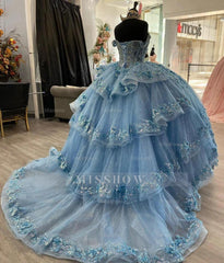 Misshow Light Blue Off-Shoulder Ball Gown with 3D Floral Appliques Tiered Tulle Quinceanera Dress for Sweet 16 & Formal Evenings