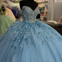 Misshow Light Blue Off-Shoulder Ball Gown with 3D Floral Appliques Tiered Tulle Quinceanera Dress for Sweet 16 & Formal Evenings