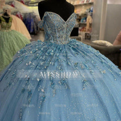 Misshow Light Blue Off-Shoulder Ball Gown with 3D Floral Appliques Tiered Tulle Quinceanera Dress for Sweet 16 & Formal Evenings