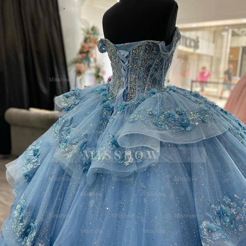 Misshow Light Blue Off-Shoulder Ball Gown with 3D Floral Appliques Tiered Tulle Quinceanera Dress for Sweet 16 & Formal Evenings