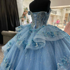 Misshow Light Blue Off-Shoulder Ball Gown with 3D Floral Appliques Tiered Tulle Quinceanera Dress for Sweet 16 & Formal Evenings