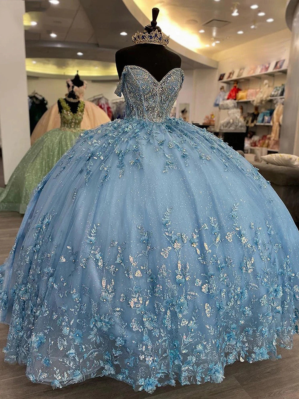 Misshow Light Blue Off-Shoulder Ball Gown with 3D Floral Appliques Tiered Tulle Quinceanera Dress for Sweet 16 & Formal Evenings