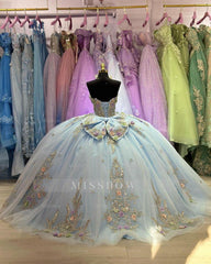 Misshow Light Blue Quinceanera Dress Strapless 3D Floral Lace Applique Ball Gown with Bow Detail for Sweet 16 & Birthday Celebrations