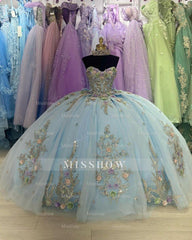 Misshow Light Blue Quinceanera Dress Strapless 3D Floral Lace Applique Ball Gown with Bow Detail for Sweet 16 & Birthday Celebrations
