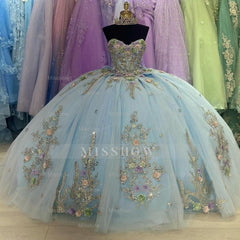 Misshow Light Blue Quinceanera Dress Strapless 3D Floral Lace Applique Ball Gown with Bow Detail for Sweet 16 & Birthday Celebrations