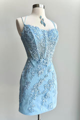 Misshow Light Blue Spaghetti Straps Tight Corset Homecoming Dress/Mini Dress with Appliques