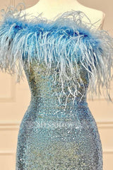 Misshow Light Blue Sparkly Tight Sequins Homecoming Dress/Mini Dress with Feathers