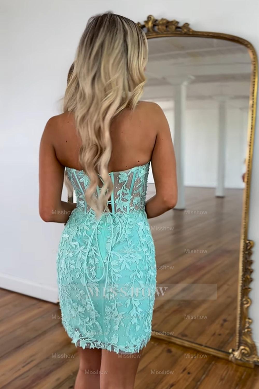 Misshow Light Blue Sweetheart Lace Tight Short Homecoming Dress/Mini Dress