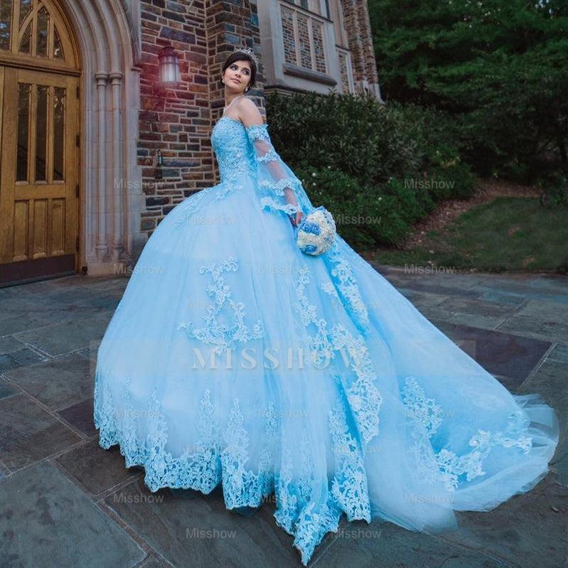Misshow Light Blue Tiered Tulle Quinceanera Dress Sweetheart Neckline with Lace Appliques for Sweet 16 & Princess Ball Gowns