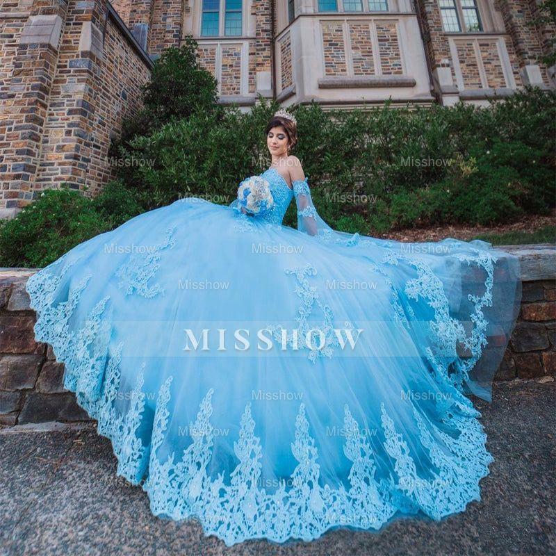 Misshow Light Blue Tiered Tulle Quinceanera Dress Sweetheart Neckline with Lace Appliques for Sweet 16 & Princess Ball Gowns