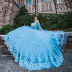Misshow Light Blue Tiered Tulle Quinceanera Dress Sweetheart Neckline with Lace Appliques for Sweet 16 & Princess Ball Gowns