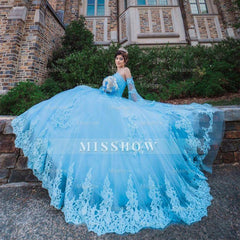 Misshow Light Blue Tiered Tulle Quinceanera Dress Sweetheart Neckline with Lace Appliques for Sweet 16 & Princess Ball Gowns