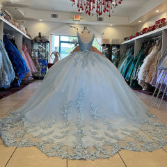 Misshow Light Blue Tulle Princess Gown Sweetheart Neckline with Floral Lace Applique for Quinceanera & Sweet 16