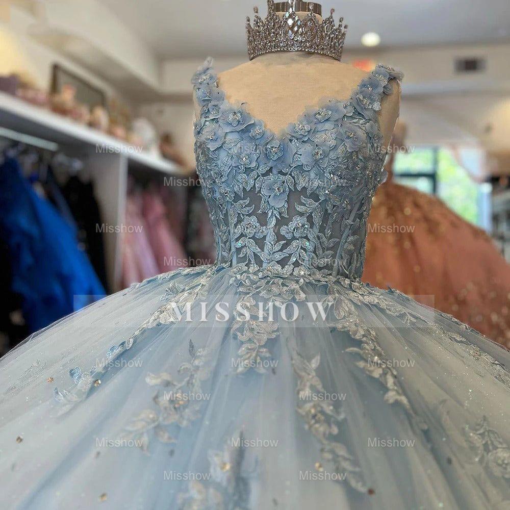 Misshow Light Blue Tulle Princess Gown Sweetheart Neckline with Floral Lace Applique for Quinceanera & Sweet 16