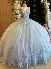 Misshow Light Blue Tulle Princess Gown Sweetheart Neckline with Floral Lace Applique for Quinceanera & Sweet 16