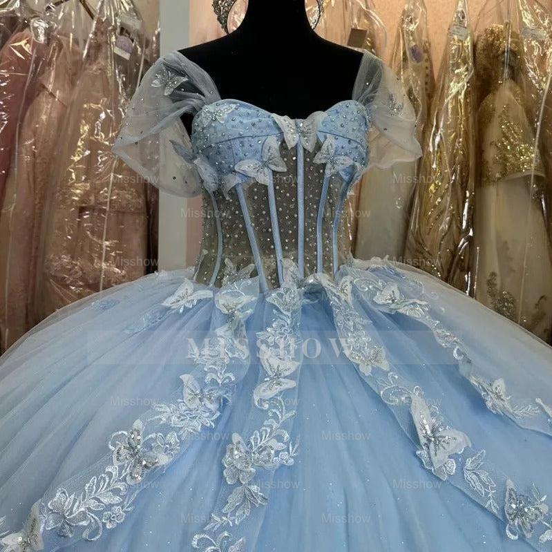 Misshow Light Blue Tulle Quinceanera Dress Sweetheart Neckline 3D Butterfly Appliques & Tiered Bow Detail for Sweet 16
