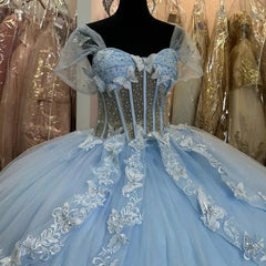 Misshow Light Blue Tulle Quinceanera Dress Sweetheart Neckline 3D Butterfly Appliques & Tiered Bow Detail for Sweet 16