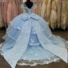 Misshow Light Blue Tulle Quinceanera Dress Sweetheart Neckline 3D Butterfly Appliques & Tiered Bow Detail for Sweet 16