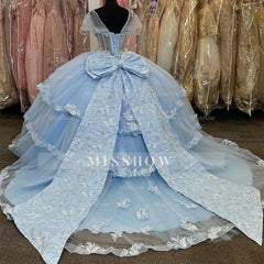 Misshow Light Blue Tulle Quinceanera Dress Sweetheart Neckline 3D Butterfly Appliques & Tiered Bow Detail for Sweet 16