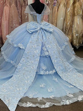Misshow Light Blue Tulle Quinceanera Dress Sweetheart Neckline 3D Butterfly Appliques & Tiered Bow Detail for Sweet 16