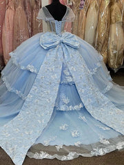 Misshow Light Blue Tulle Quinceanera Dress Sweetheart Neckline 3D Butterfly Appliques & Tiered Bow Detail for Sweet 16