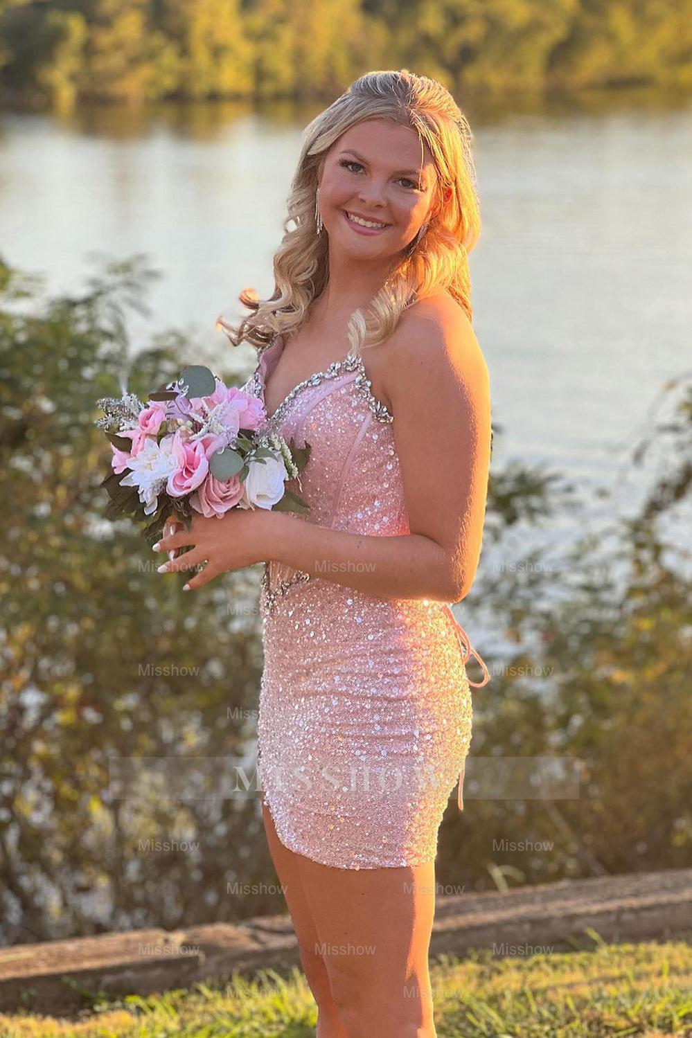 Misshow Light Green Strapless Corset Tight Short Homecoming Dress/Mini Dress with Sequins