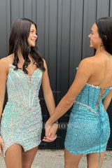 Misshow Light Green Strapless Corset Tight Short Homecoming Dress/Mini Dress with Sequins
