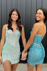Misshow Light Green Strapless Corset Tight Short Homecoming Dress/Mini Dress with Sequins