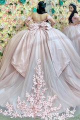 Misshow Light Pink Tulle Quinceanera Dress Off-Shoulder Ball Gown with Crystal Appliques Lace-Up Back & Big Bow Knot