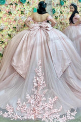 Misshow Light Pink Tulle Quinceanera Dress Off-Shoulder Ball Gown with Crystal Appliques Lace-Up Back & Big Bow Knot