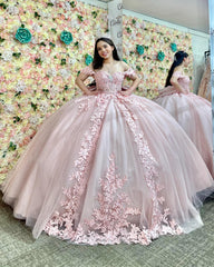 Misshow Light Pink Tulle Quinceanera Dress Off-Shoulder Ball Gown with Crystal Appliques Lace-Up Back & Big Bow Knot