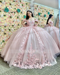 Misshow Light Pink Tulle Quinceanera Dress Off-Shoulder Ball Gown with Crystal Appliques Lace-Up Back & Big Bow Knot