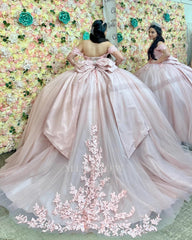 Misshow Light Pink Tulle Quinceanera Dress Off-Shoulder Ball Gown with Crystal Appliques Lace-Up Back & Big Bow Knot