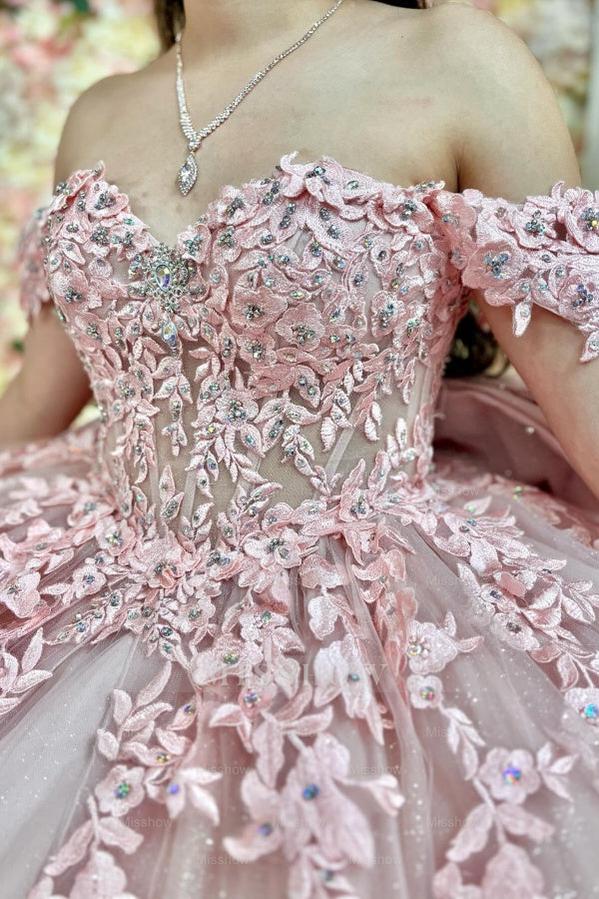 Misshow Light Pink Tulle Quinceanera Dress Off-Shoulder Ball Gown with Crystal Appliques Lace-Up Back & Big Bow Knot