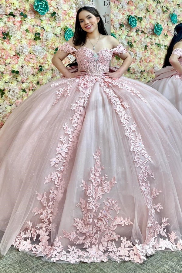 Misshow Light Pink Tulle Quinceanera Dress Off-Shoulder Ball Gown with Crystal Appliques Lace-Up Back & Big Bow Knot