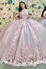 Misshow Light Pink Tulle Quinceanera Dress Off-Shoulder Ball Gown with Crystal Appliques Lace-Up Back & Big Bow Knot