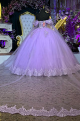 Misshow Lilac Ball Gown Off-Shoulder Sleeveless Quinceanera Dress with 3D Floral Appliques & Beaded Shawl for Formal Evenings