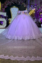 Misshow Lilac Ball Gown Off-Shoulder Sleeveless Quinceanera Dress with 3D Floral Appliques & Beaded Shawl for Formal Evenings