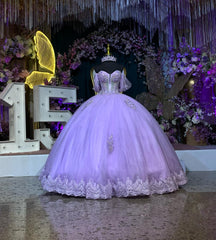 Misshow Lilac Ball Gown Off-Shoulder Sleeveless Quinceanera Dress with 3D Floral Appliques & Beaded Shawl for Formal Evenings