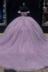 Misshow Lilac Ball Gown Off-Shoulder Sparkly Tulle Quinceanera Dress with 3D Floral Appliques for Sweet 16 & Formal Events