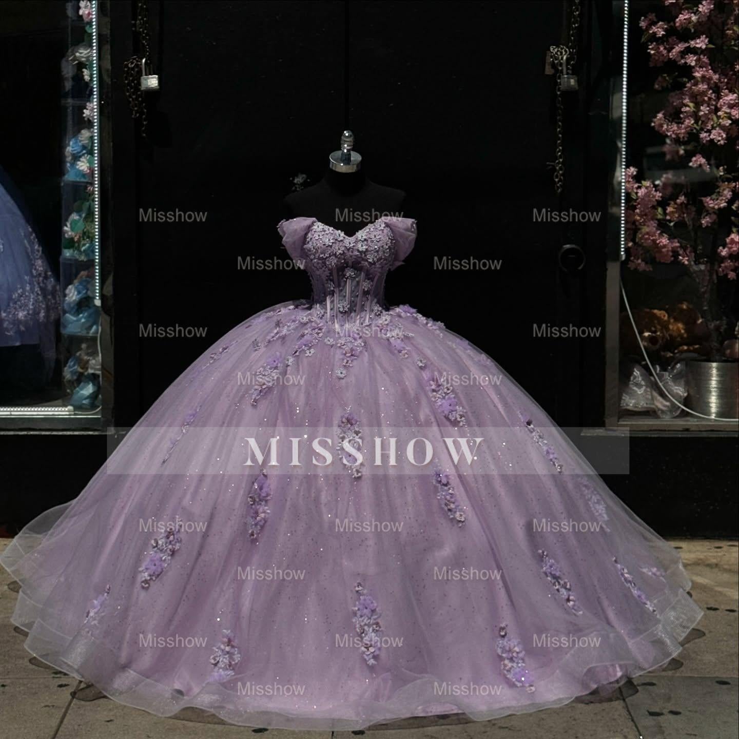 Misshow Lilac Ball Gown Off-Shoulder Sparkly Tulle Quinceanera Dress with 3D Floral Appliques for Sweet 16 & Formal Events