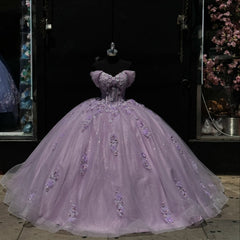 Misshow Lilac Ball Gown Off-Shoulder Sparkly Tulle Quinceanera Dress with 3D Floral Appliques for Sweet 16 & Formal Events