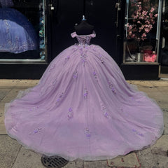 Misshow Lilac Ball Gown Off-Shoulder Sparkly Tulle Quinceanera Dress with 3D Floral Appliques for Sweet 16 & Formal Events